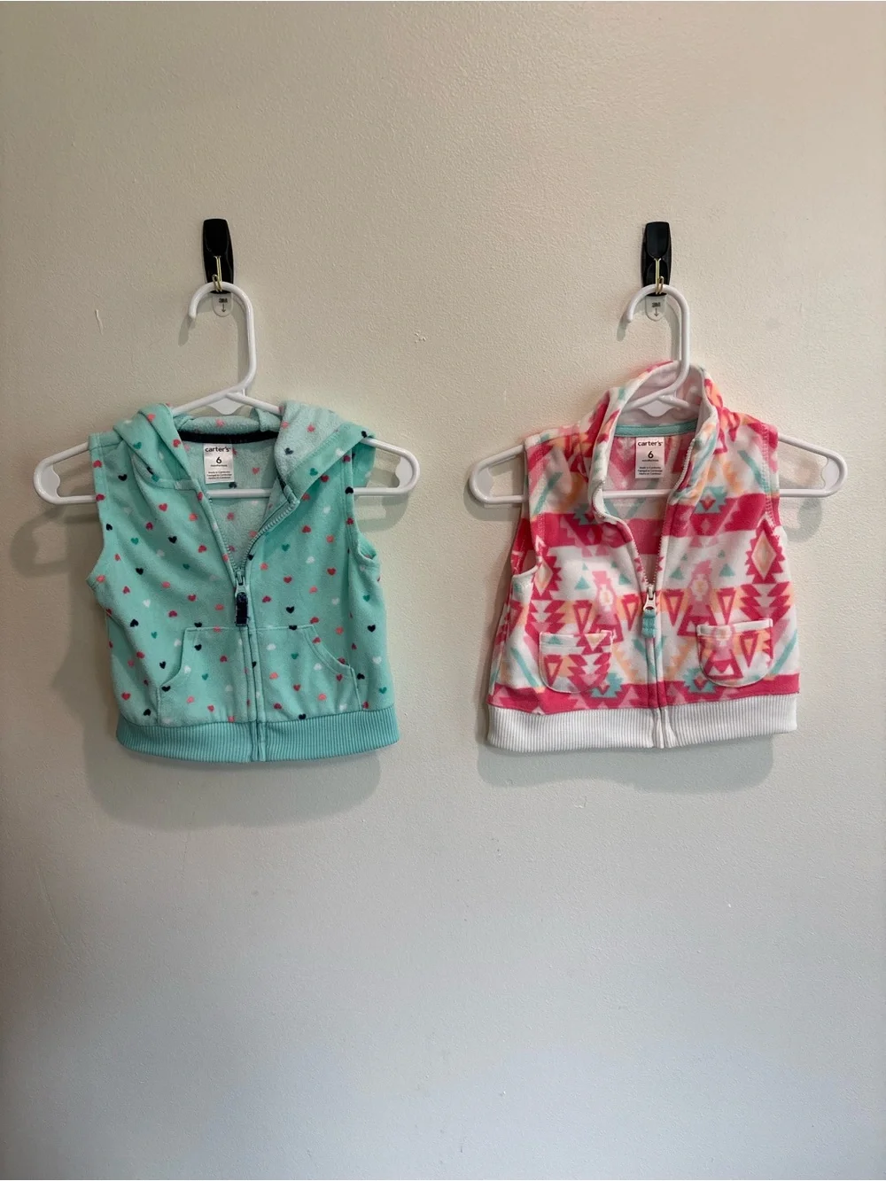Carters 6 month fleece vest set of two baby girl Mint Heart & Pink Aztec